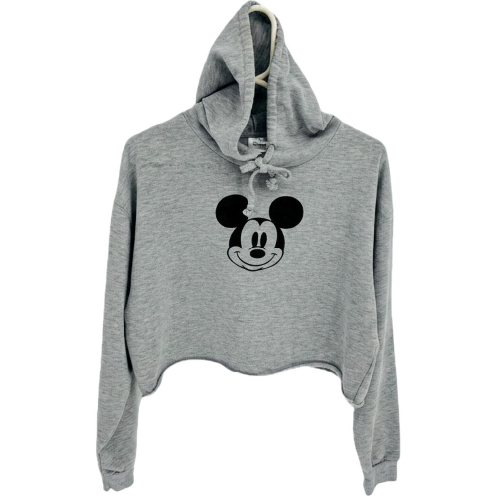 Disney Mickey Mouse Cropped Hoodie Sweatshirt Womens Large Gray Cut Off Pullover